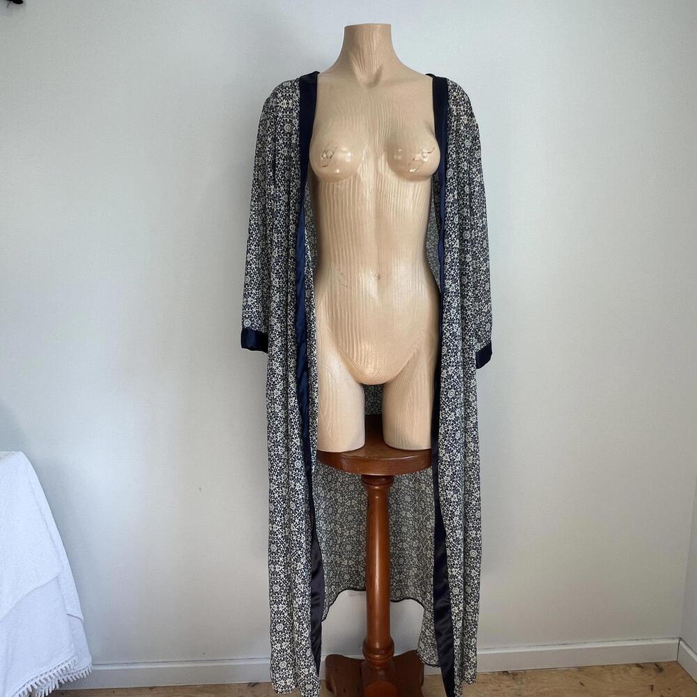 Vintage Women's One Size Blue Geometric Maxi Open Front Long Duster Cardigan - Picture 3 of 11